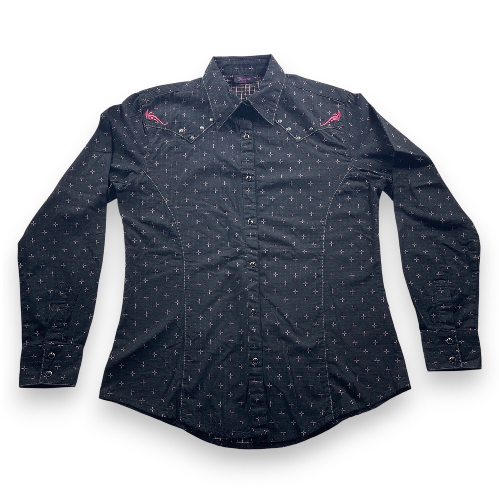 Wrangler Womens Western Snap Shirt Black Pink Studded Embroidered LW7531X M